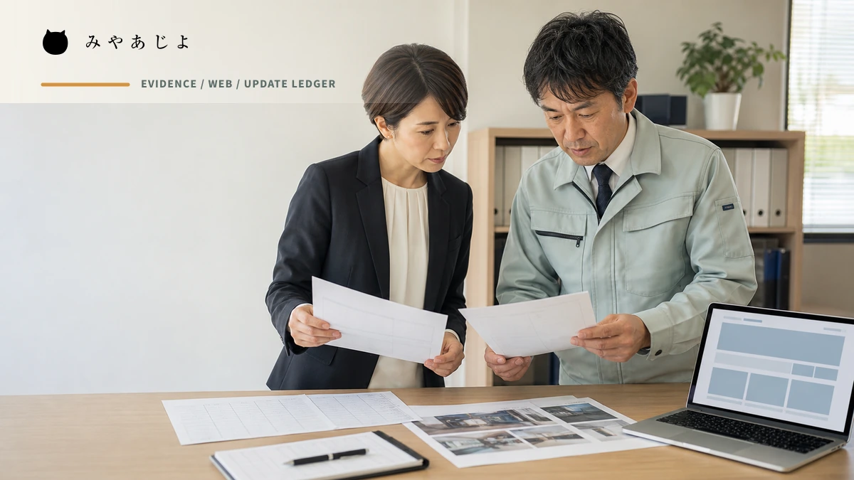 広報担当者と技術担当者が資料とWebページの更新台帳を確認するイメージ