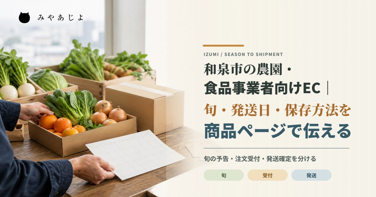 農産物の旬、発送予定、保存方法を照合して商品ページを整えるイメージ