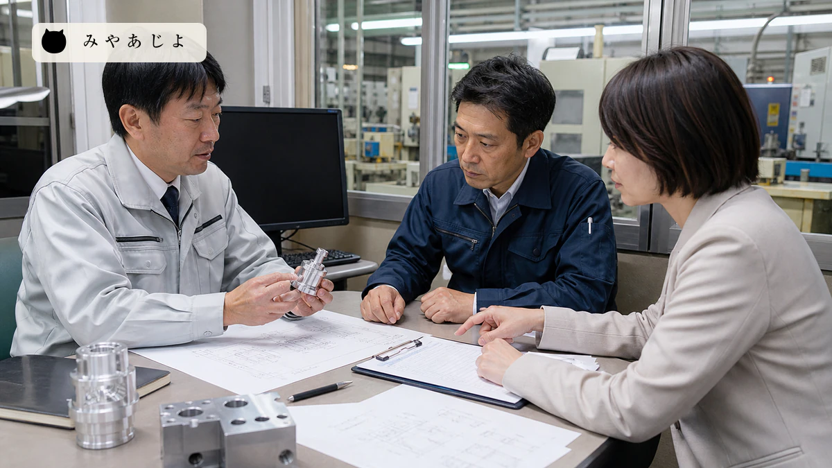 製造業の営業担当者と生産担当者が図面、加工品、確認票を見ながら引合い条件を確認するイメージ