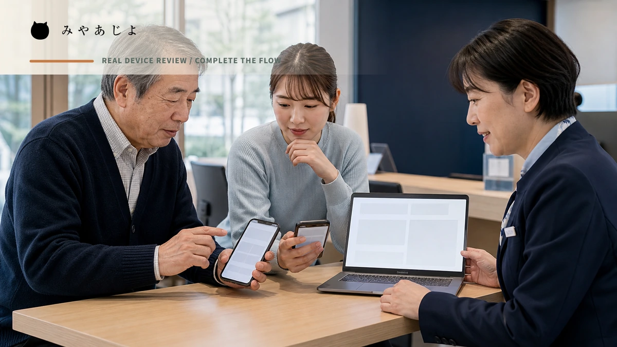 複数世代の利用者と担当者がスマートフォンの入力手順を確認するイメージ