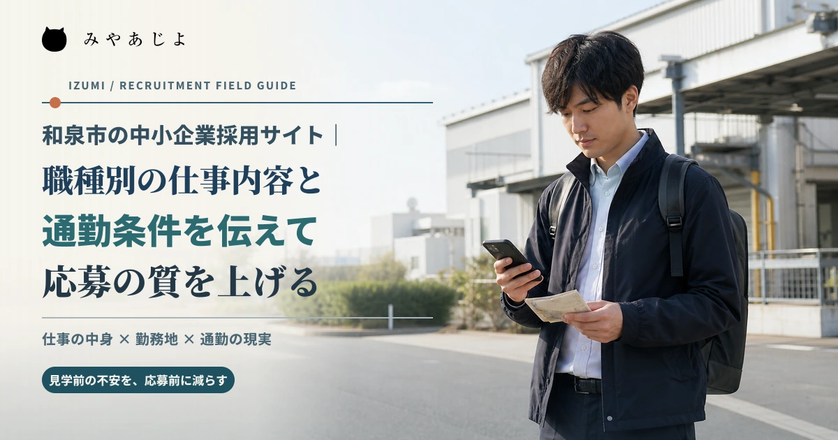産業団地の職場へ向かう前にスマートフォンと移動メモを確認する求職者のイメージ