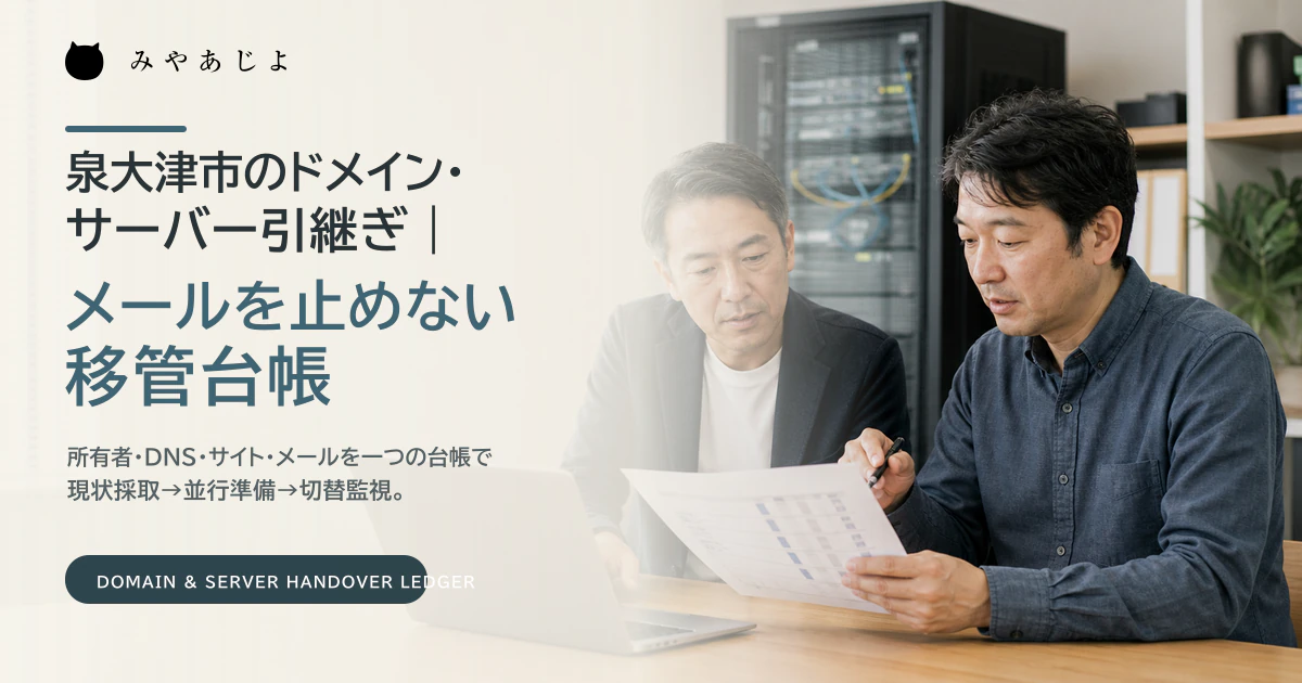 泉大津市の企業担当者と技術担当者がドメインとサーバーの引継ぎ計画を確認するイメージ