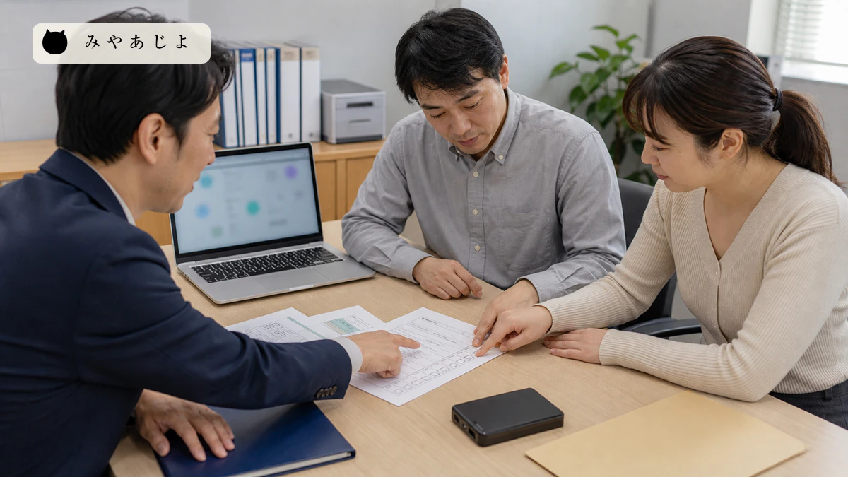 会社担当者と外部担当者がドメインとサーバーの引継ぎ台帳を確認するイメージ