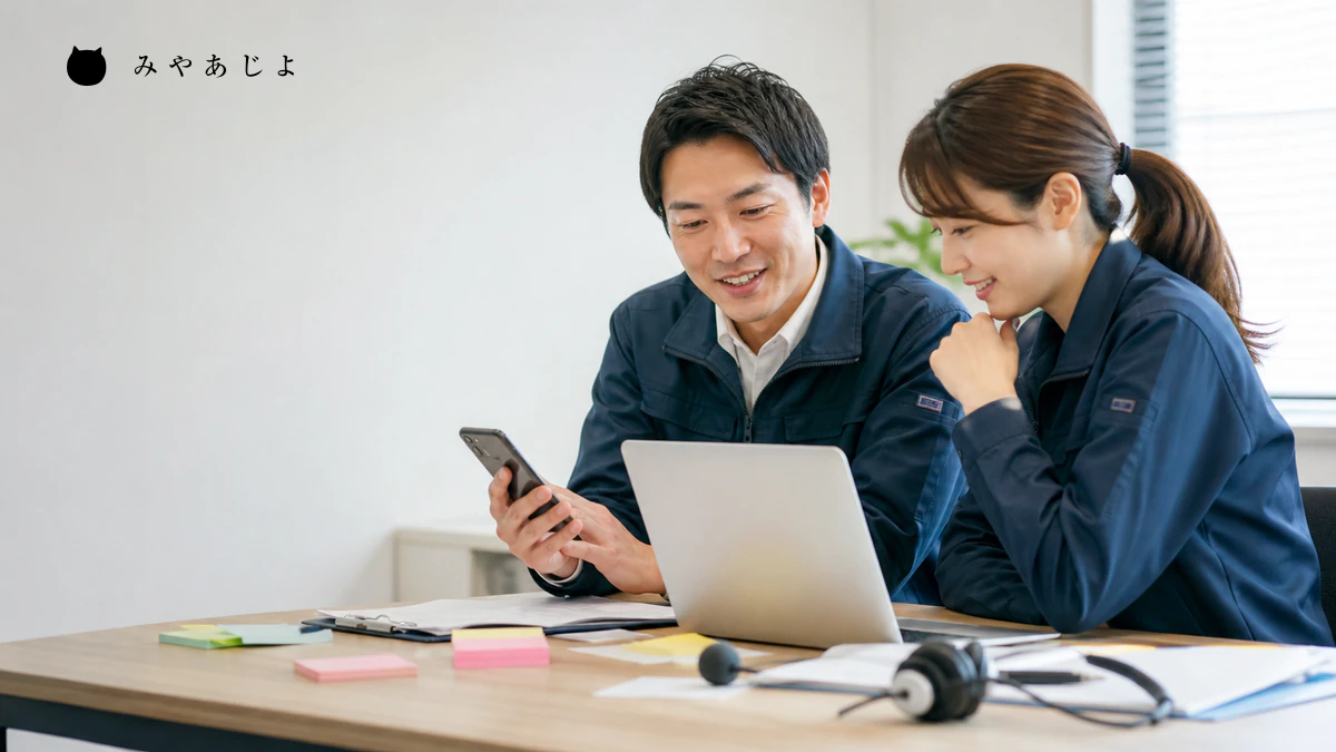 地域サービス会社の担当者がスマートフォンで問い合わせ導線を確認するイメージ