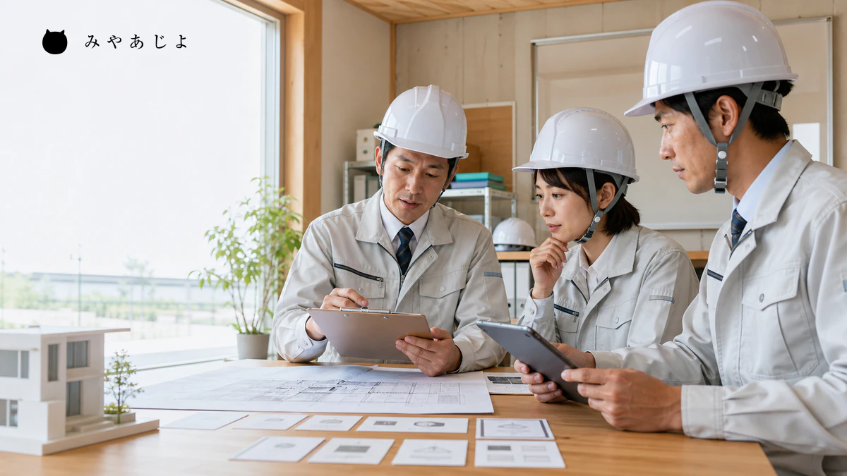 建設会社の担当者が工種や規模を対応可否シートで確認するイメージ