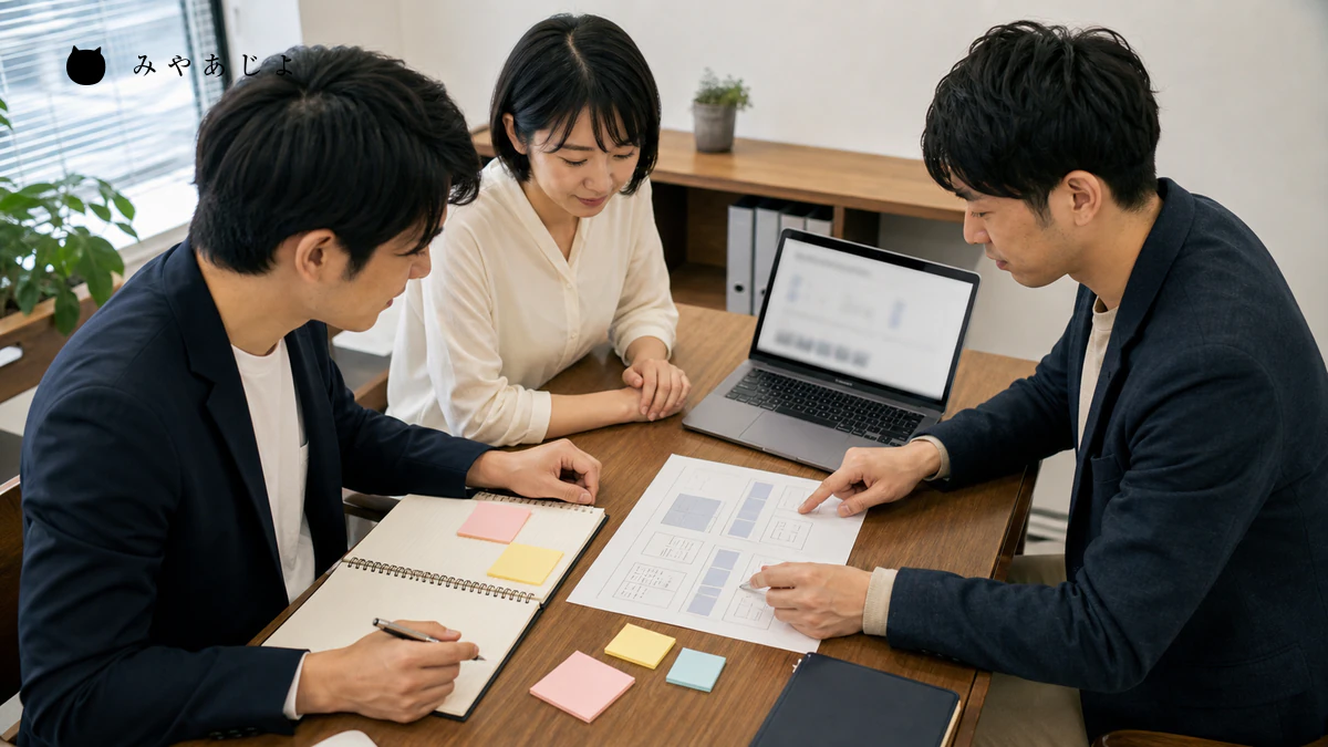 中小企業の担当者がSEO相談用の一枚資料を確認するイメージ
