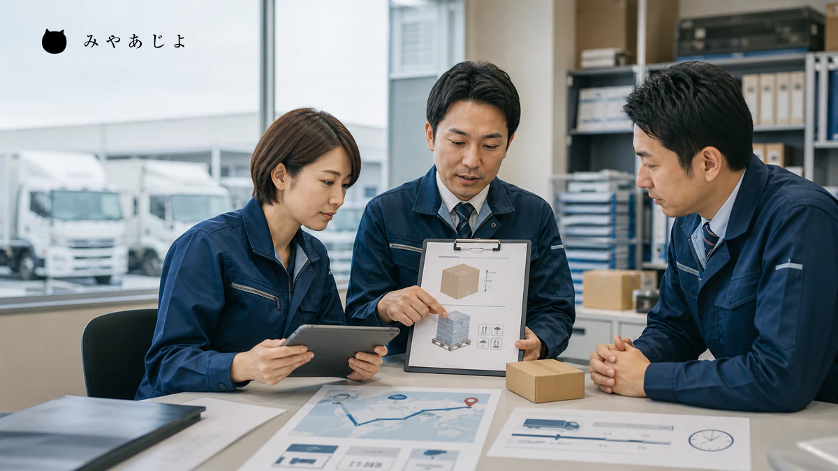 運送会社の担当者が荷姿や重量などの輸送条件を整理するイメージ