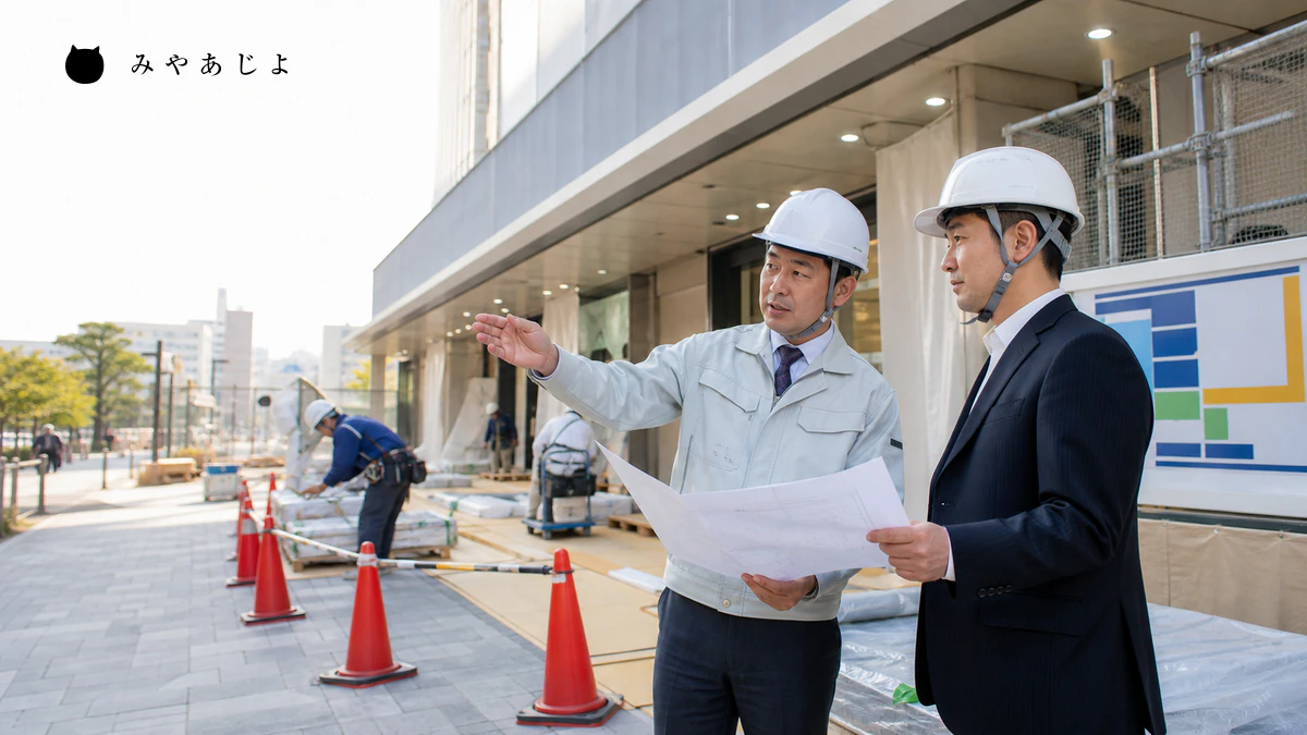 建設現場で安全動線と施工条件を発注者へ説明するイメージ