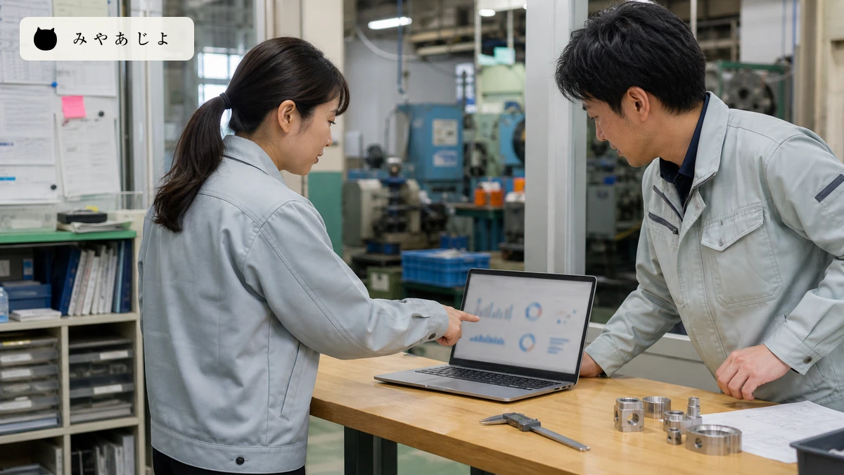製造業の営業担当者と技術担当者が引合いダッシュボードを確認するイメージ