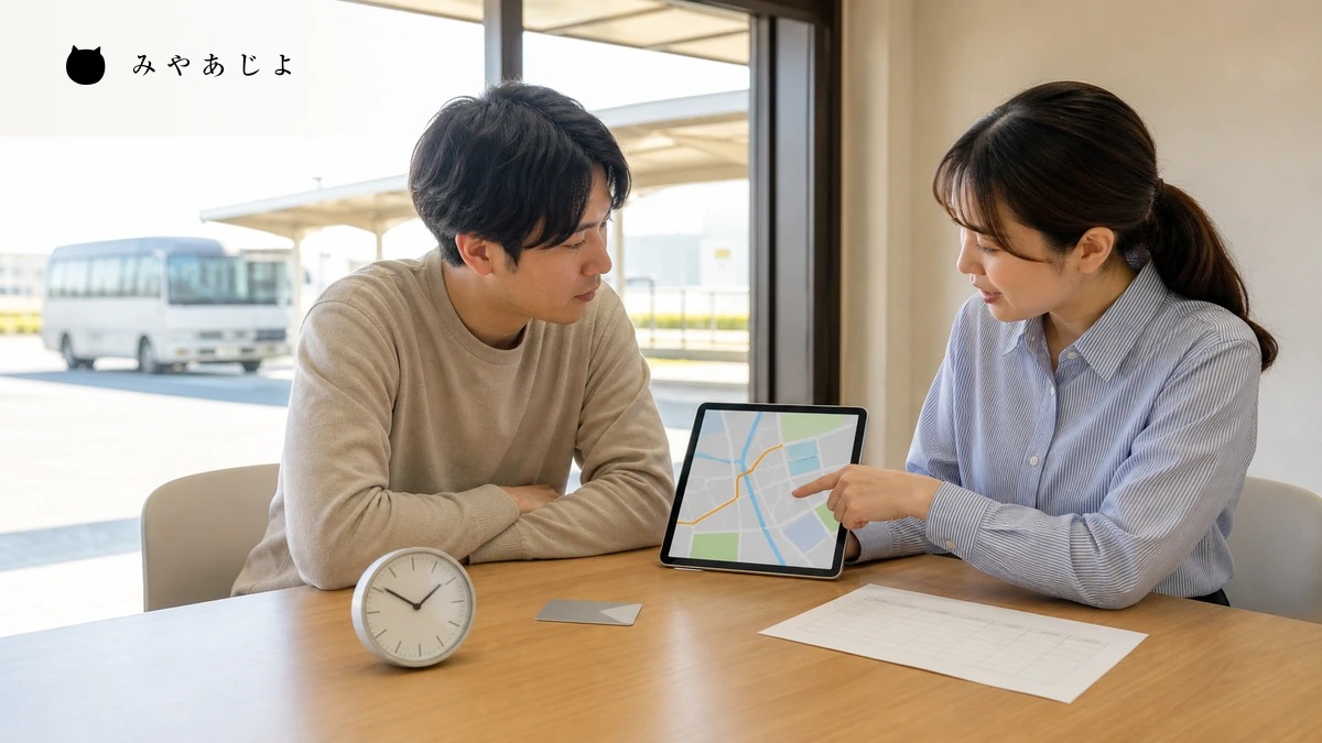 応募候補者が採用担当者と勤務時間、勤務地、通勤手段を確認するイメージ