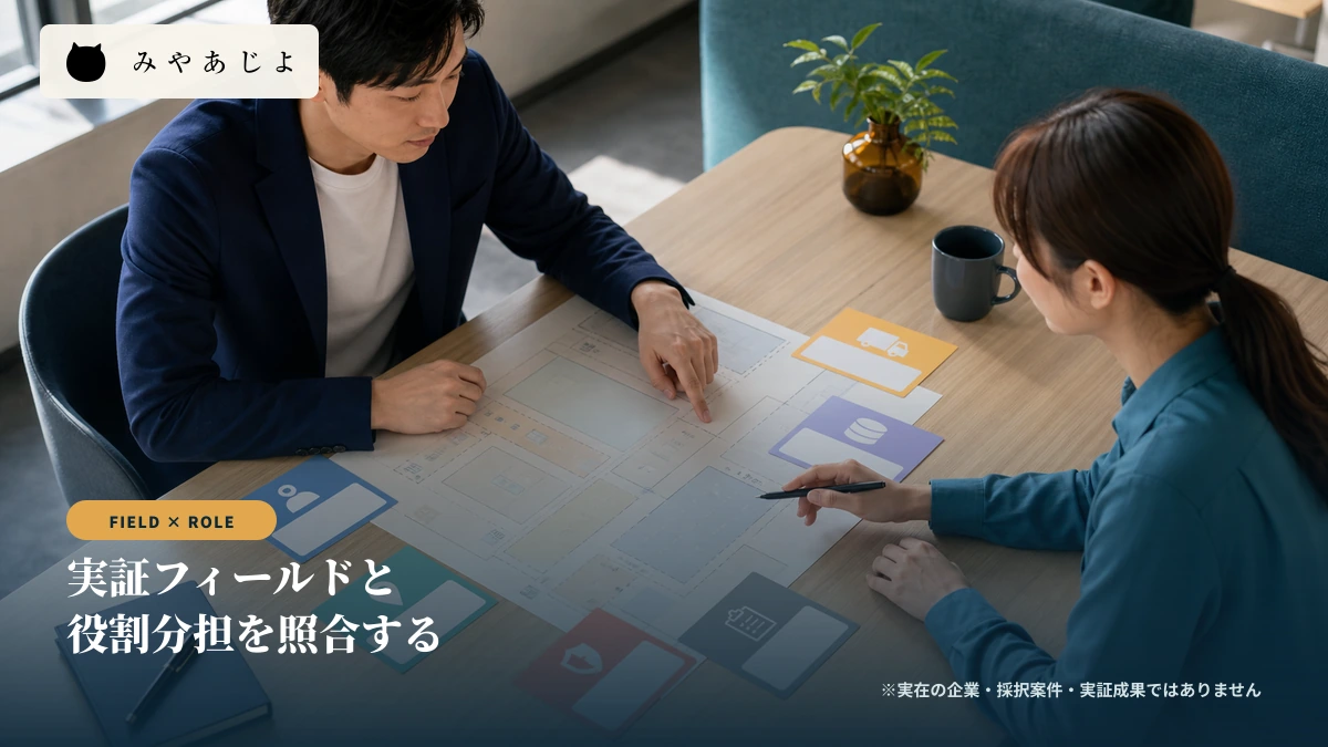 スタートアップと地域企業の担当者が実証フィールドと役割分担を照合するイメージ