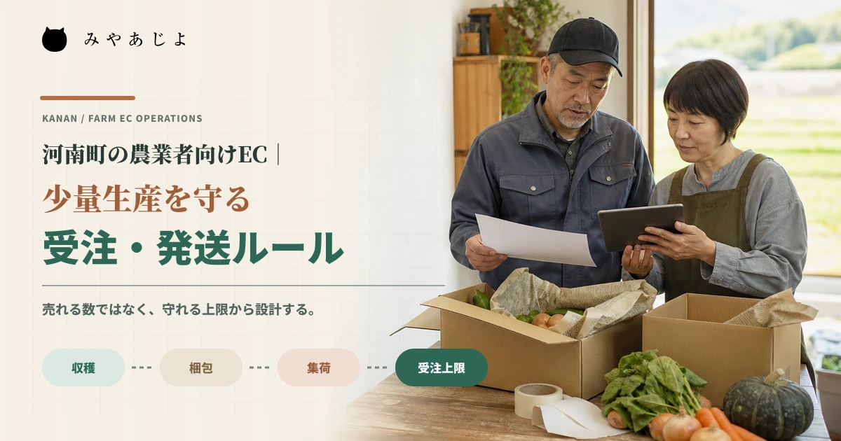 農産物の注文表と梱包箱を確認しながら無理のない受注数を検討するイメージ