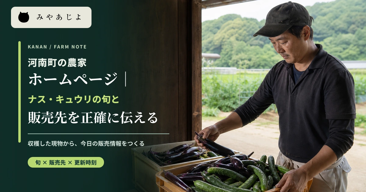 ナスとキュウリの出荷箱を確認する河南町の農家を表現したイメージ