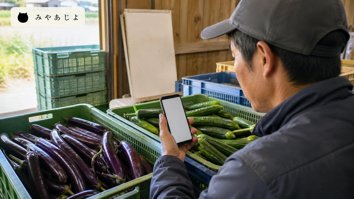 農家が出荷前に野菜とスマートフォンの販売案内を確認するイメージ