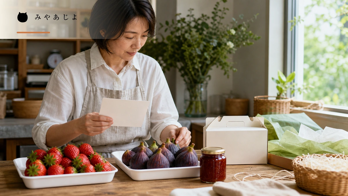 生産者が生鮮果実と無記名の加工品・贈答箱を確認するイメージ