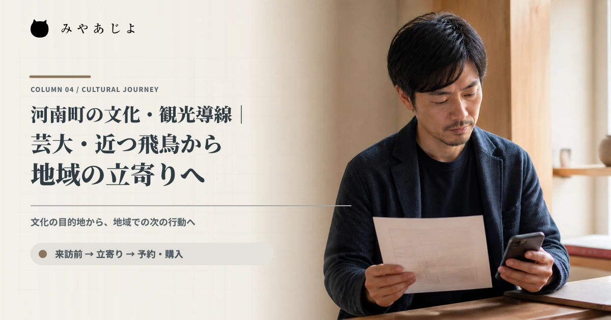 観光・文化事業者が催事案内とスマートフォンで来訪導線を確認するイメージ