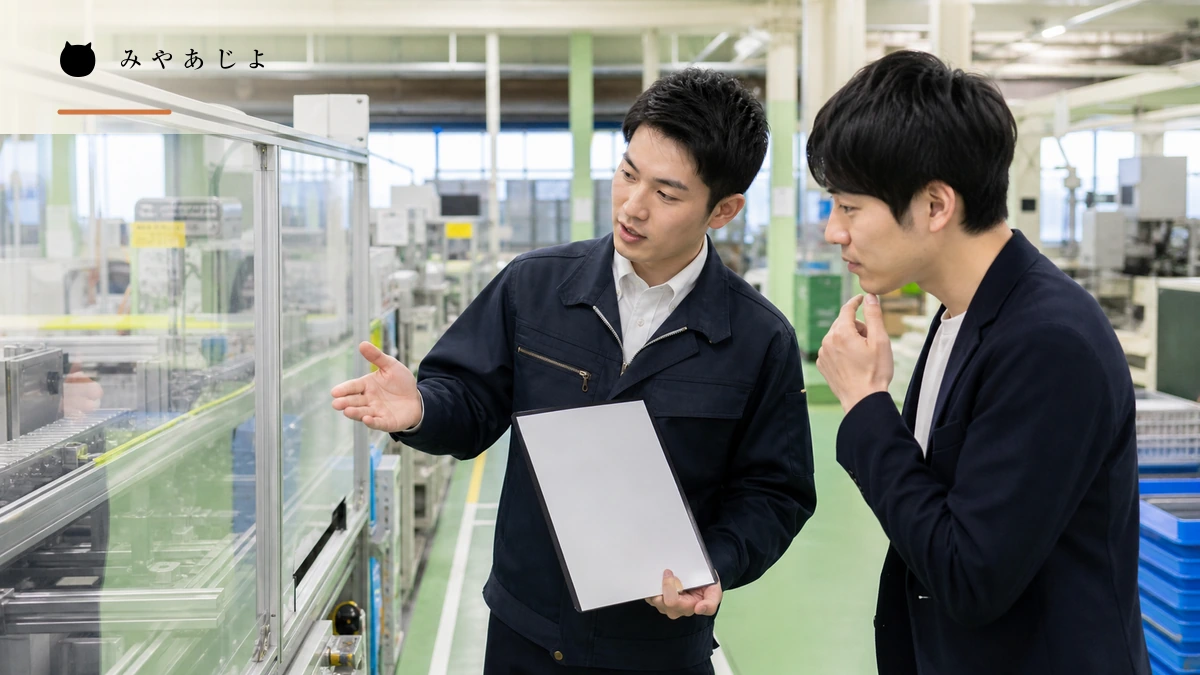 企業見学の参加者と案内担当者が仕事の工程を確認するイメージ