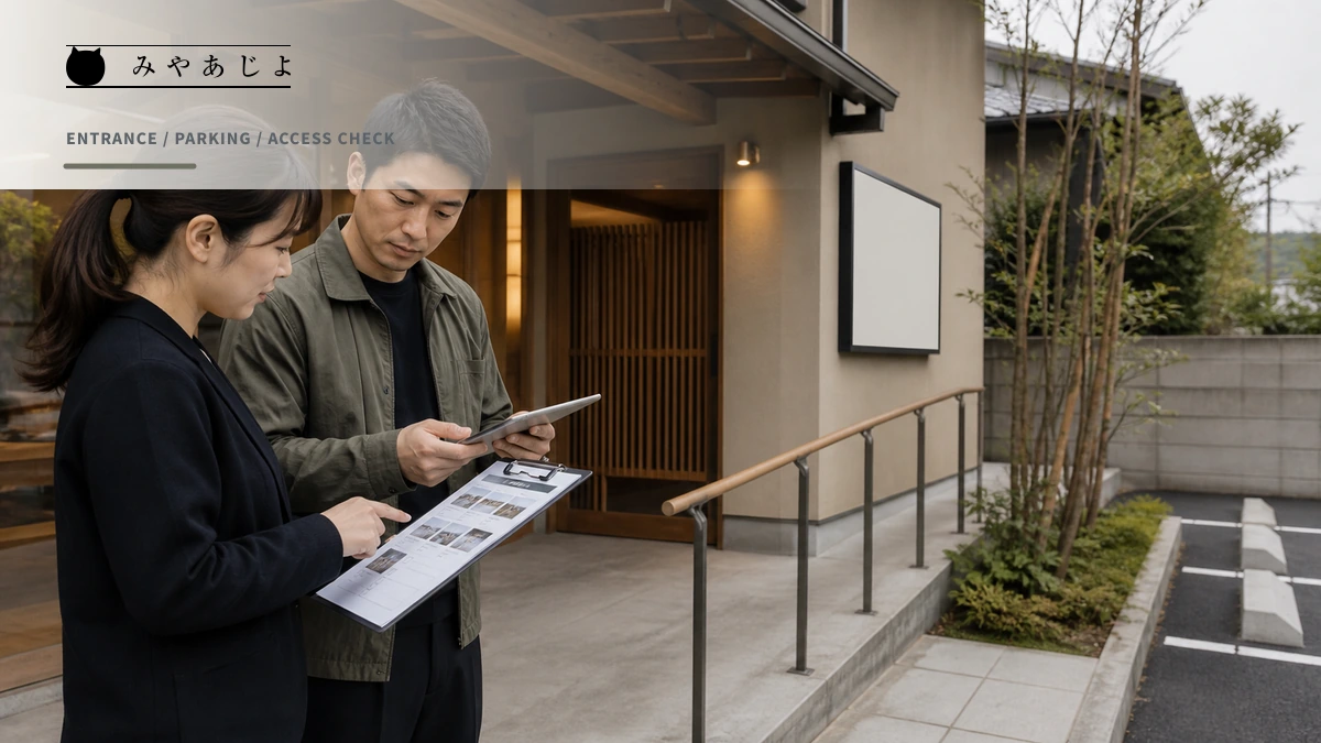 施設担当者が入口写真と駐車場案内を照合するイメージ