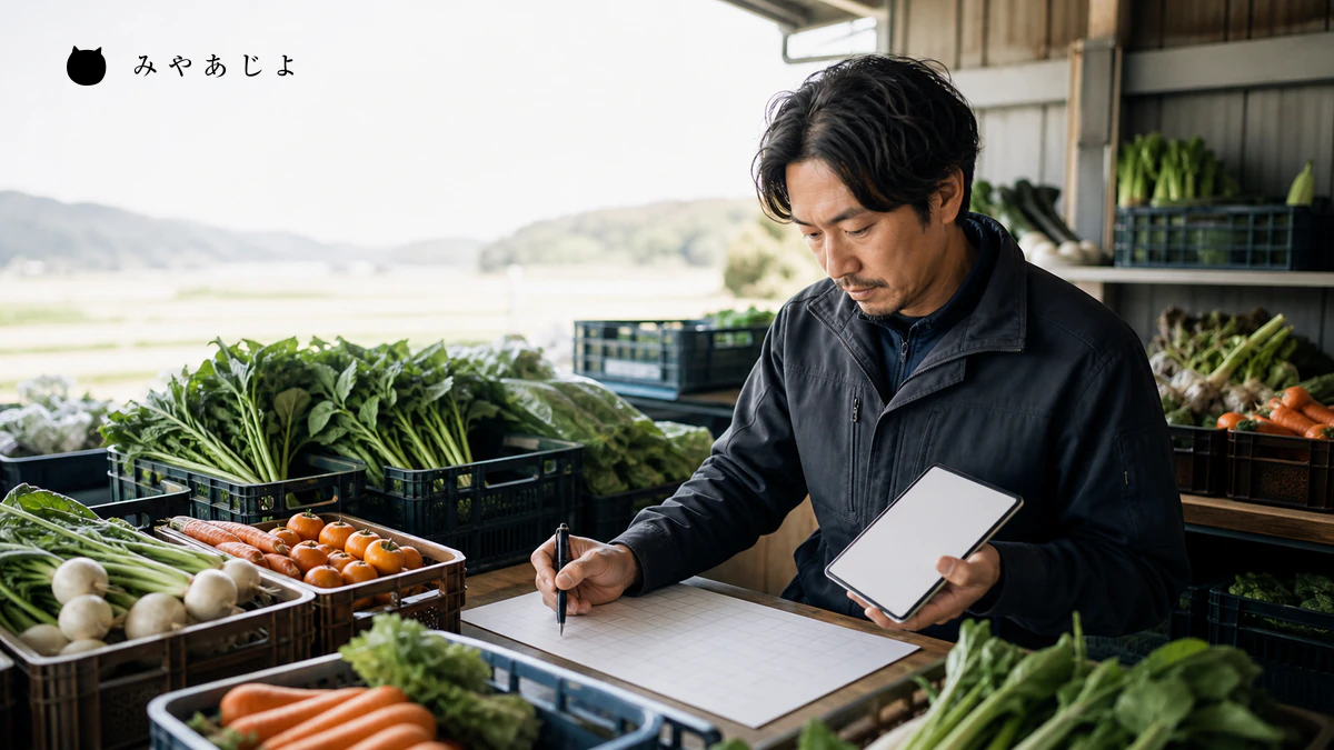 生産者が直売用の農産物と予約表、販売状況を確認するイメージ