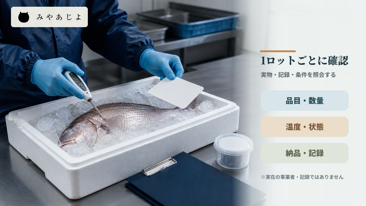 水産物のロットで品目、数量、温度、状態、納品記録を照合する作業イメージ