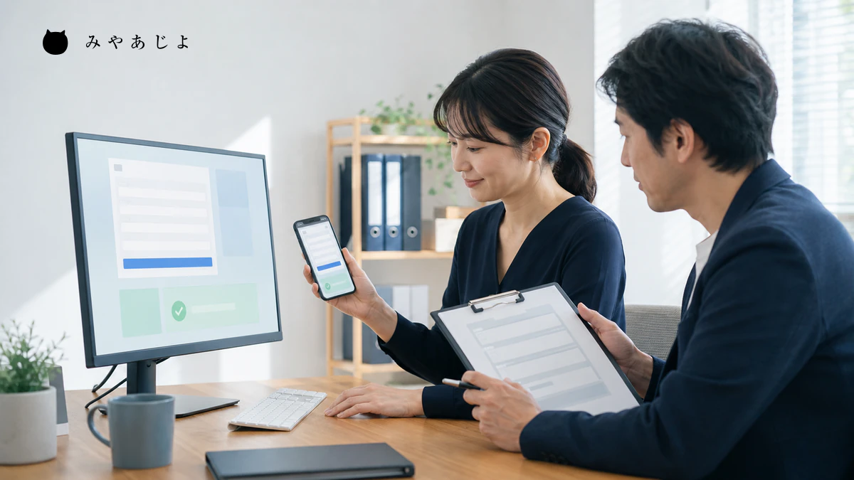 Web担当者がパソコンとスマートフォンでフォーム復旧を確認するイメージ