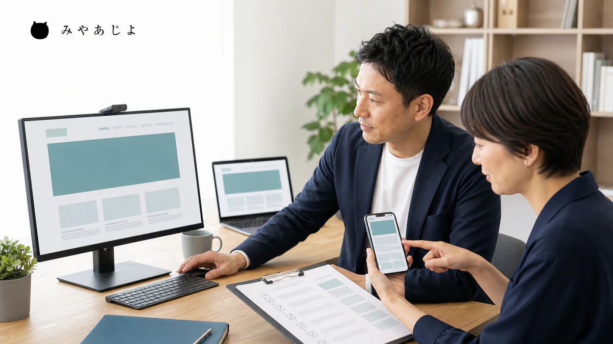 担当者がパソコンとスマートフォンで修正後の受入確認を行うイメージ