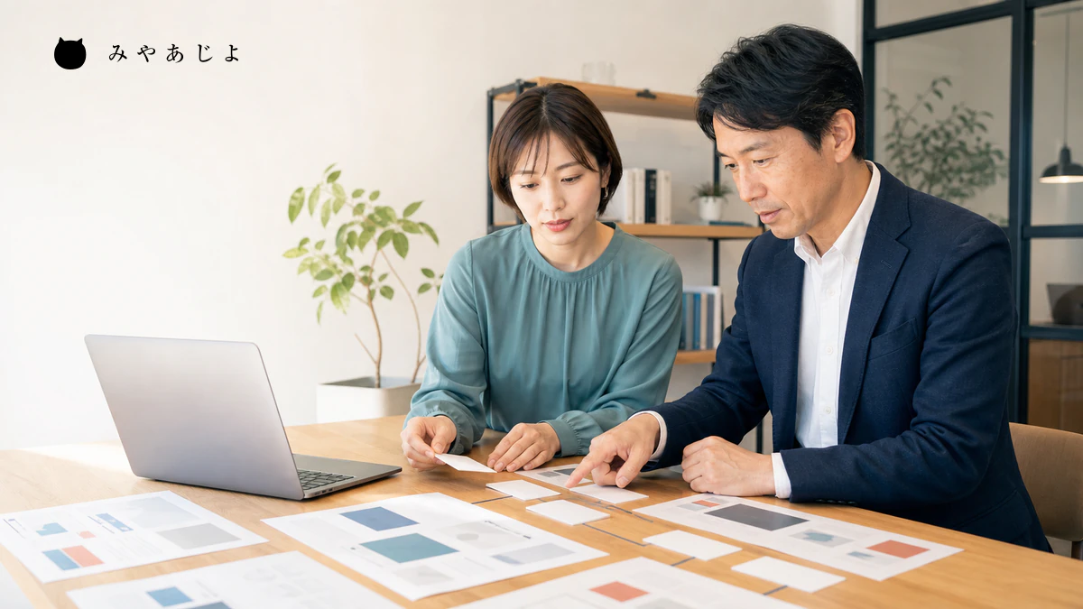 担当者が修正箇所と関連ページの影響を整理するイメージ