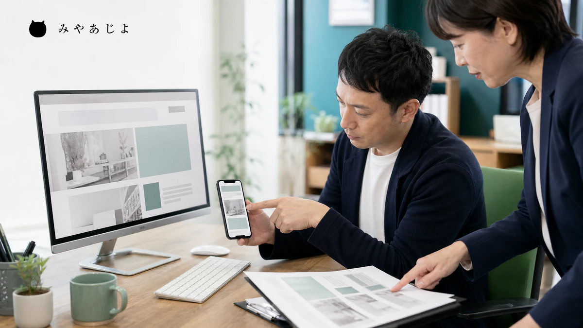 担当者がスマートフォンとパソコンで更新後の表示を確認するイメージ