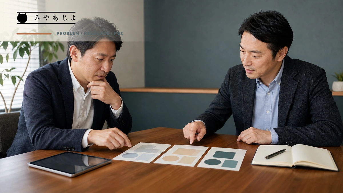 企業担当者と研究担当者が課題、提供資源、実証条件を照合するイメージ
