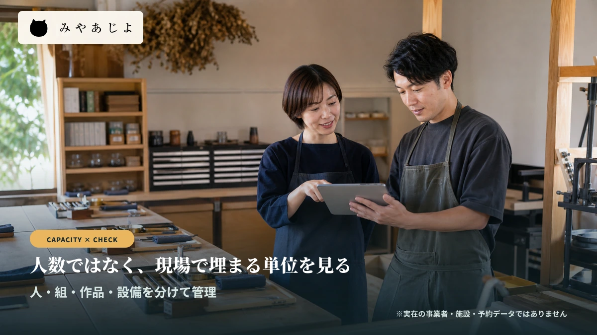 体験事業者がタブレットで予約枠と参加者情報を確認するイメージ