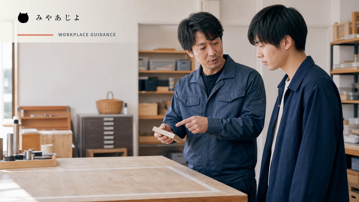 若手求職者が先輩社員から職場と作業の説明を受けるイメージ