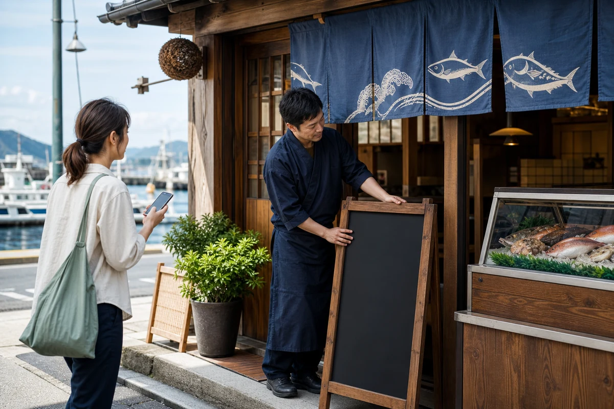 田尻町の漁港近くの飲食店で店頭情報を確認する店主と来店客