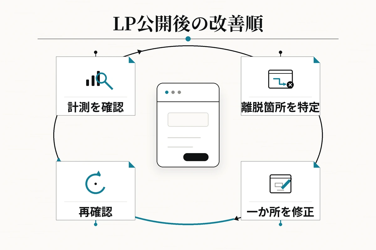 LP公開後に計測、離脱箇所、局所修正、再確認を順に行う図