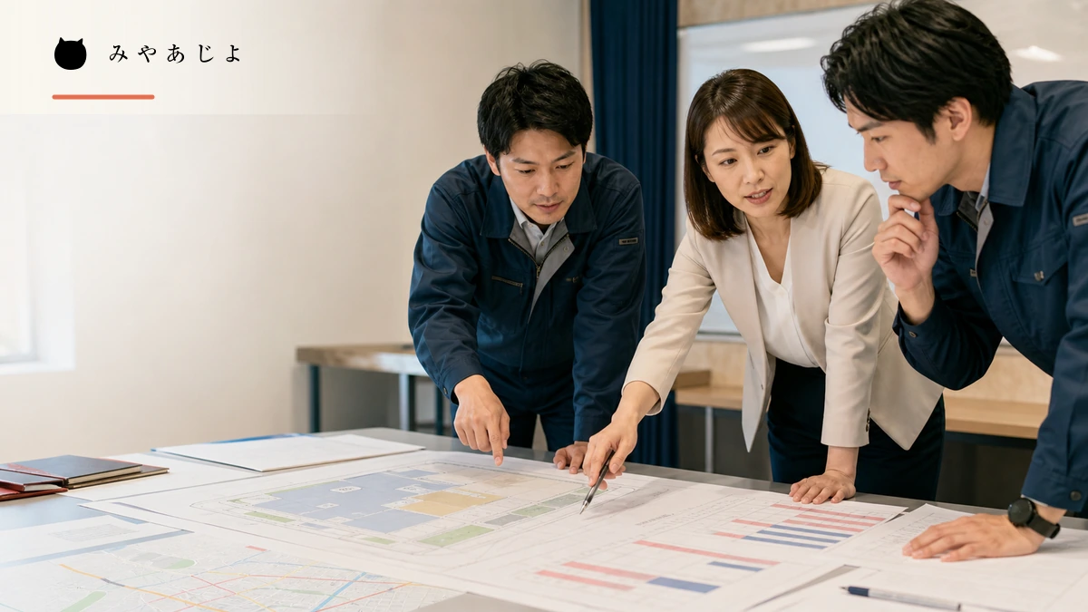 新設事業所の採用担当者が勤務地と研修場所と勤務開始日を確認するイメージ