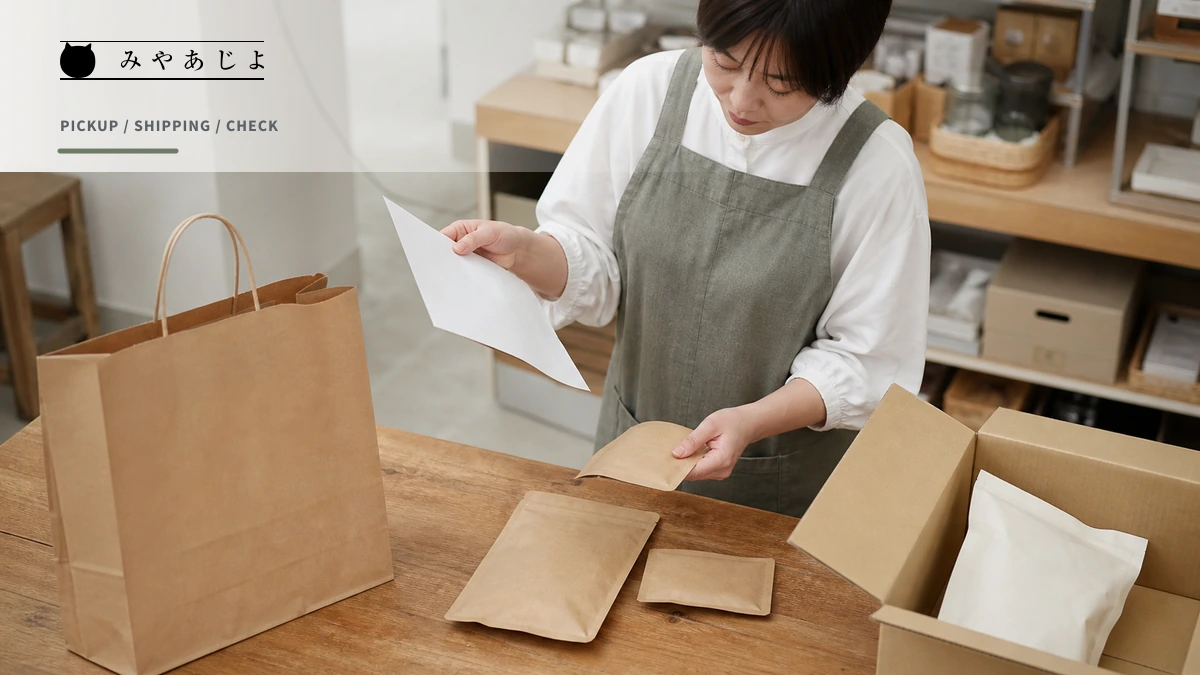 店舗担当者が注文票と商品を照合し店頭受取用の袋と配送箱へ分けるイメージ