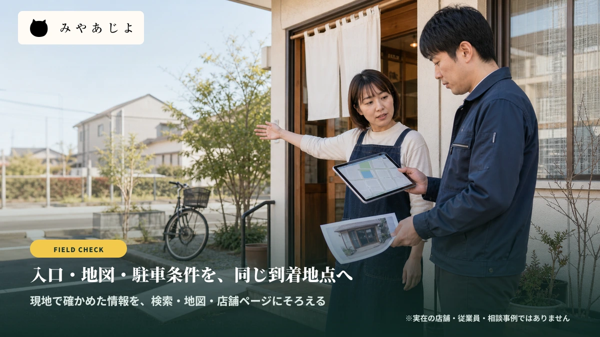 店舗担当者が入口写真と地図の案内を照合するイメージ