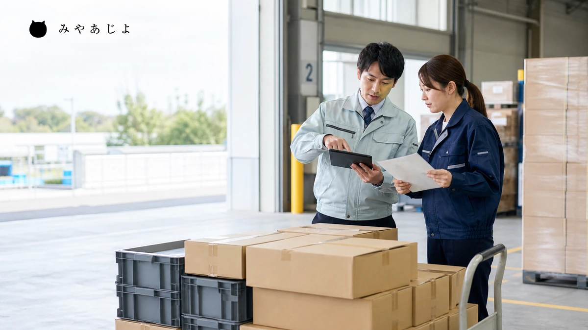 製造・卸売業の担当者が倉庫で商品と配送条件を確認するイメージ