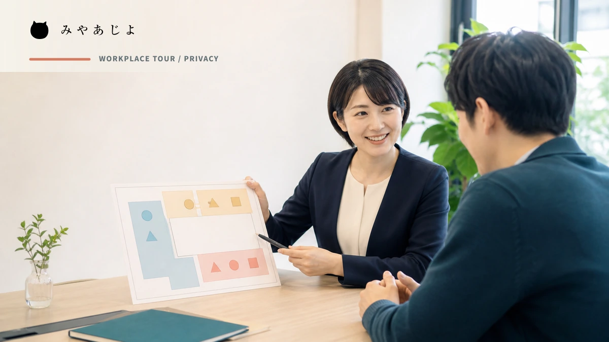 採用担当者が求職者へ職場見学の範囲を説明するイメージ