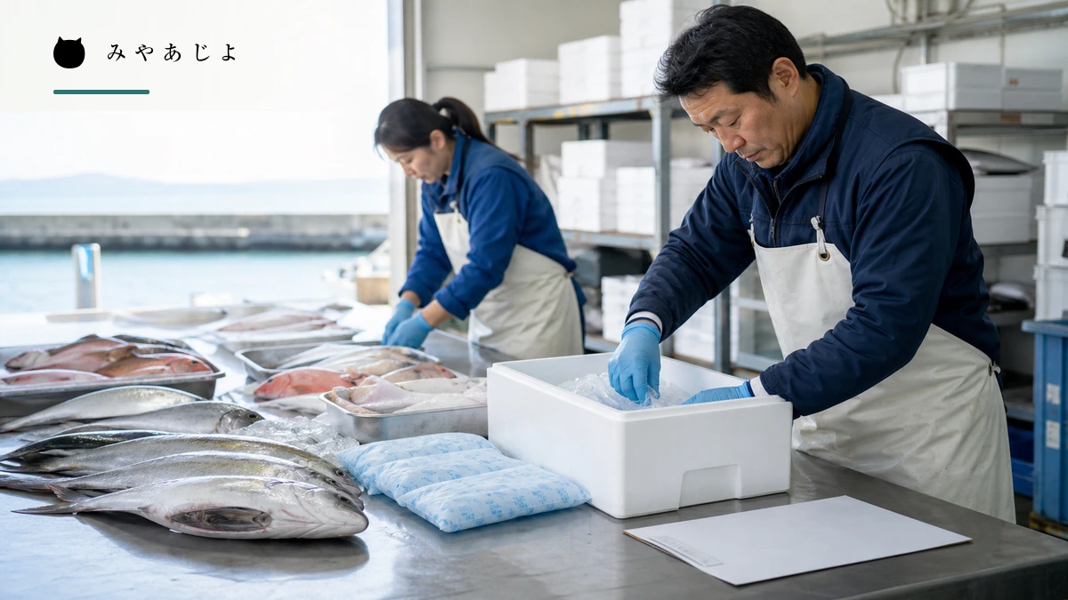 選別した魚の状態と数量を梱包前に確認する水産事業者のイメージ