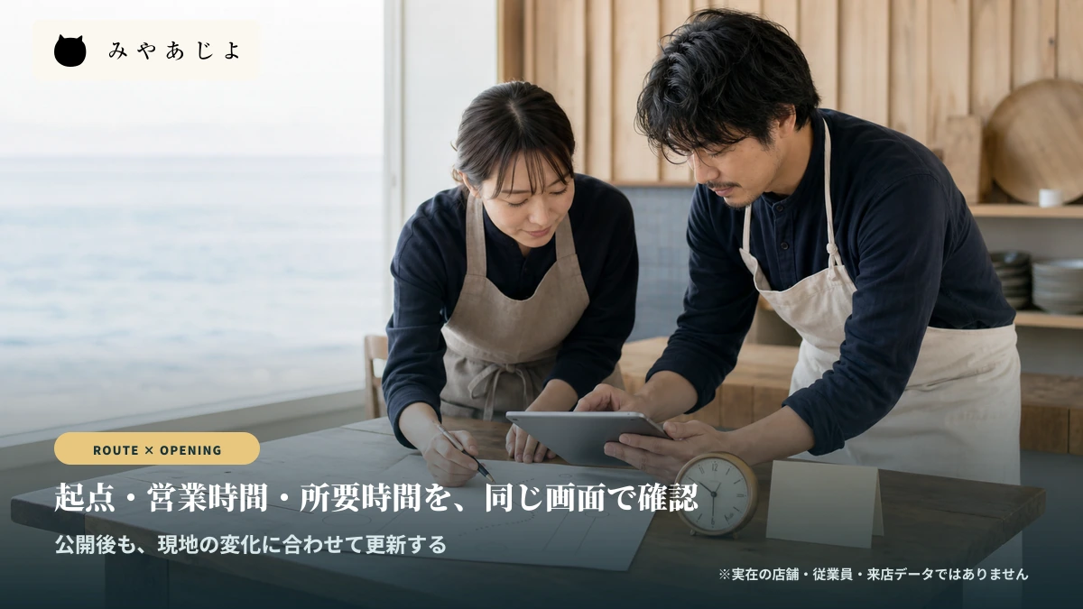 海辺の店舗スタッフが地図と営業案内を確認するイメージ
