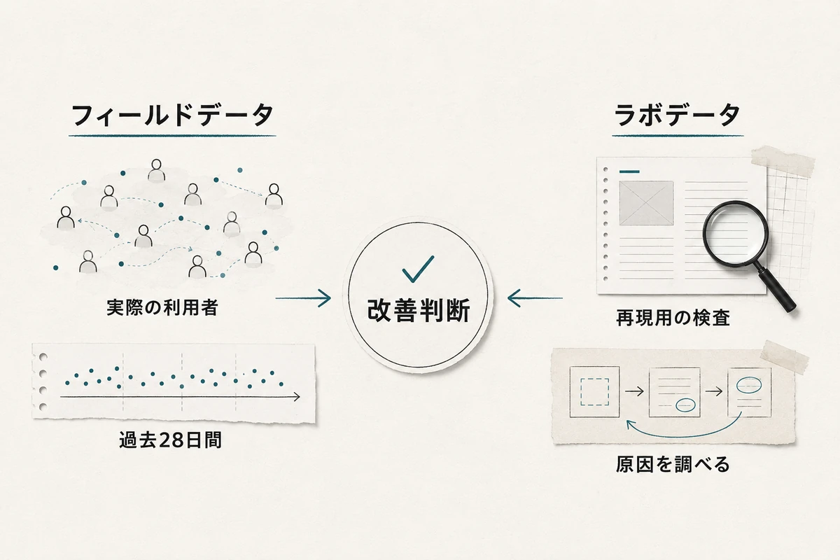 左に実際の利用者から集まるフィールドデータ、右に同じ条件で再現するラボデータを置き、中央で改善判断へつなぐ比較図を整理した図