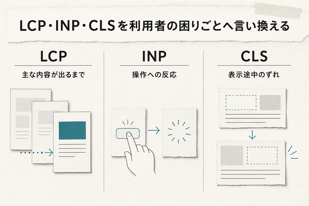 LCPは主な内容が出るまで、INPは操作への反応、CLSは表示途中のずれとして三列に並べる図を整理した図