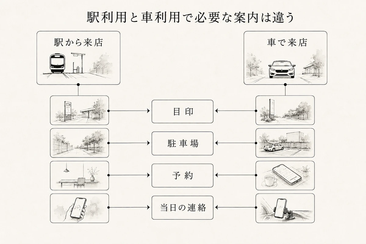 左に駅から来店、右に車で来店を置き、それぞれ目印・駐車場・予約・当日の連絡へ分岐する比較図を整理した図