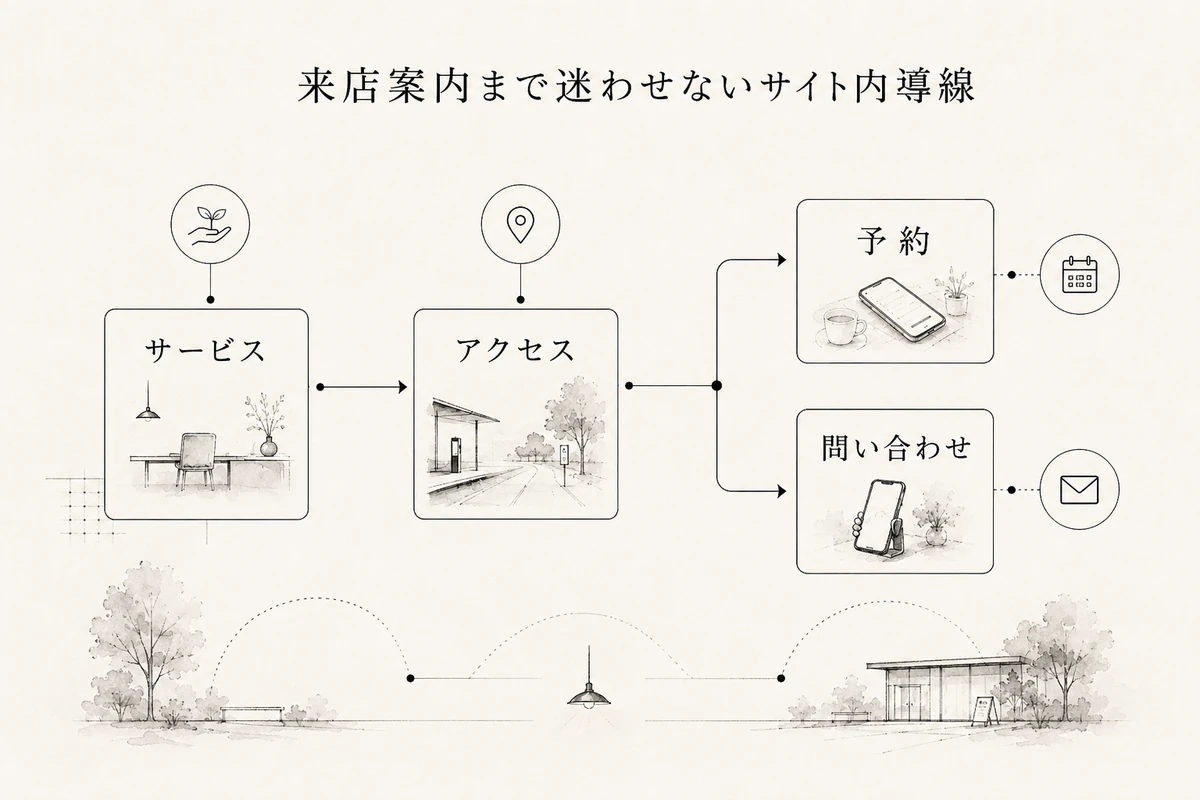 サービス情報からアクセス、予約、問い合わせへ進む順路を矢印で示す導線図を整理した図