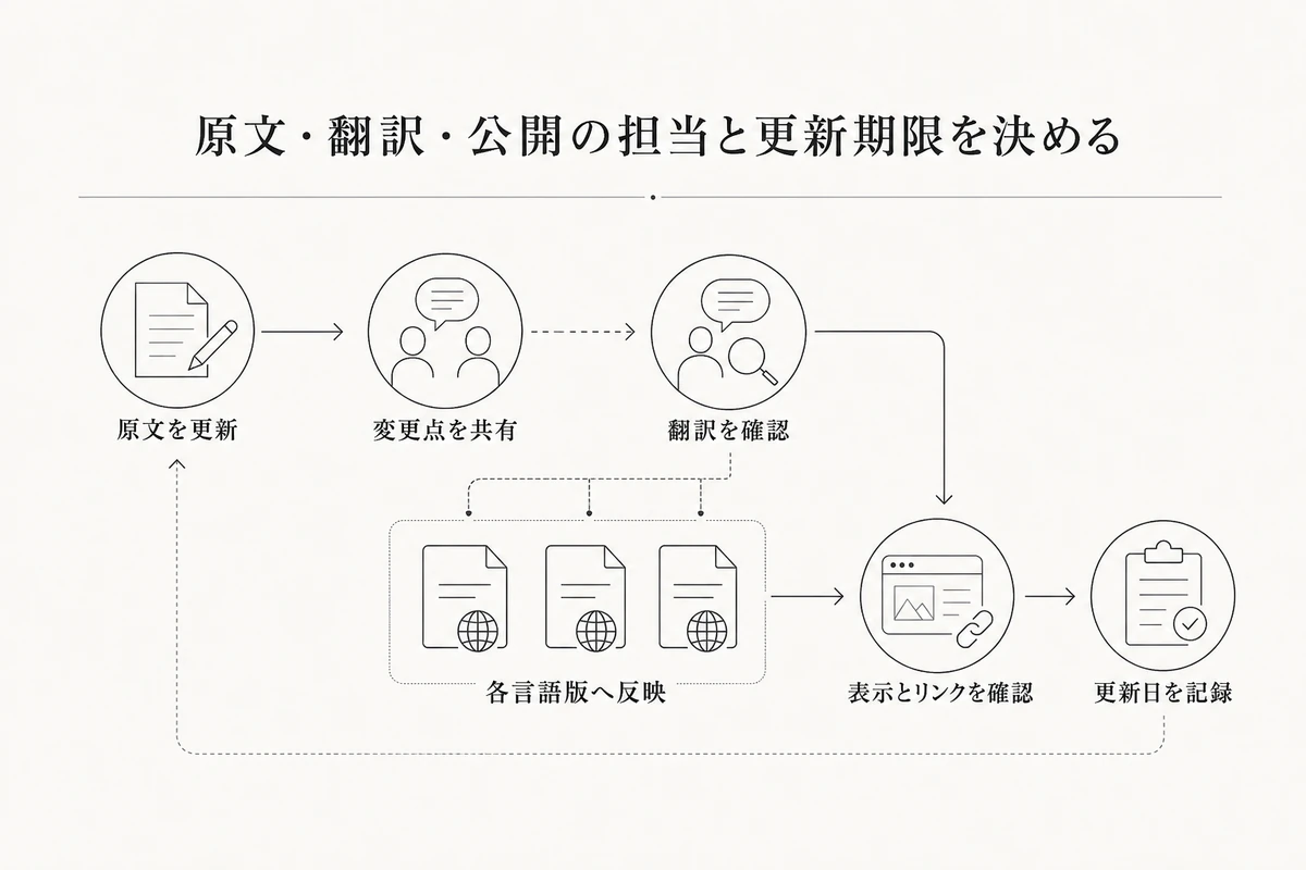 原文責任者、翻訳確認者、公開担当、各言語ページ、更新記録の関係図を整理した図