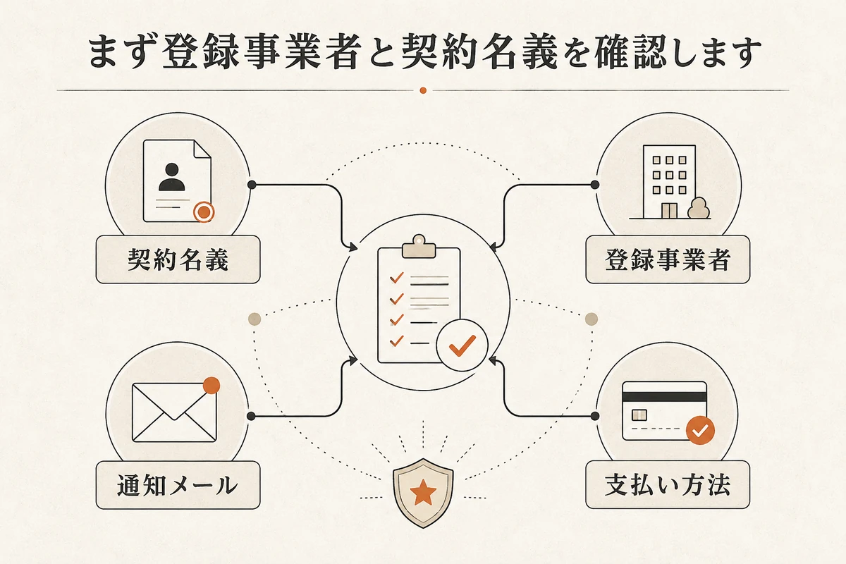 契約名義、登録事業者、通知メール、支払い方法の関係図を整理した図