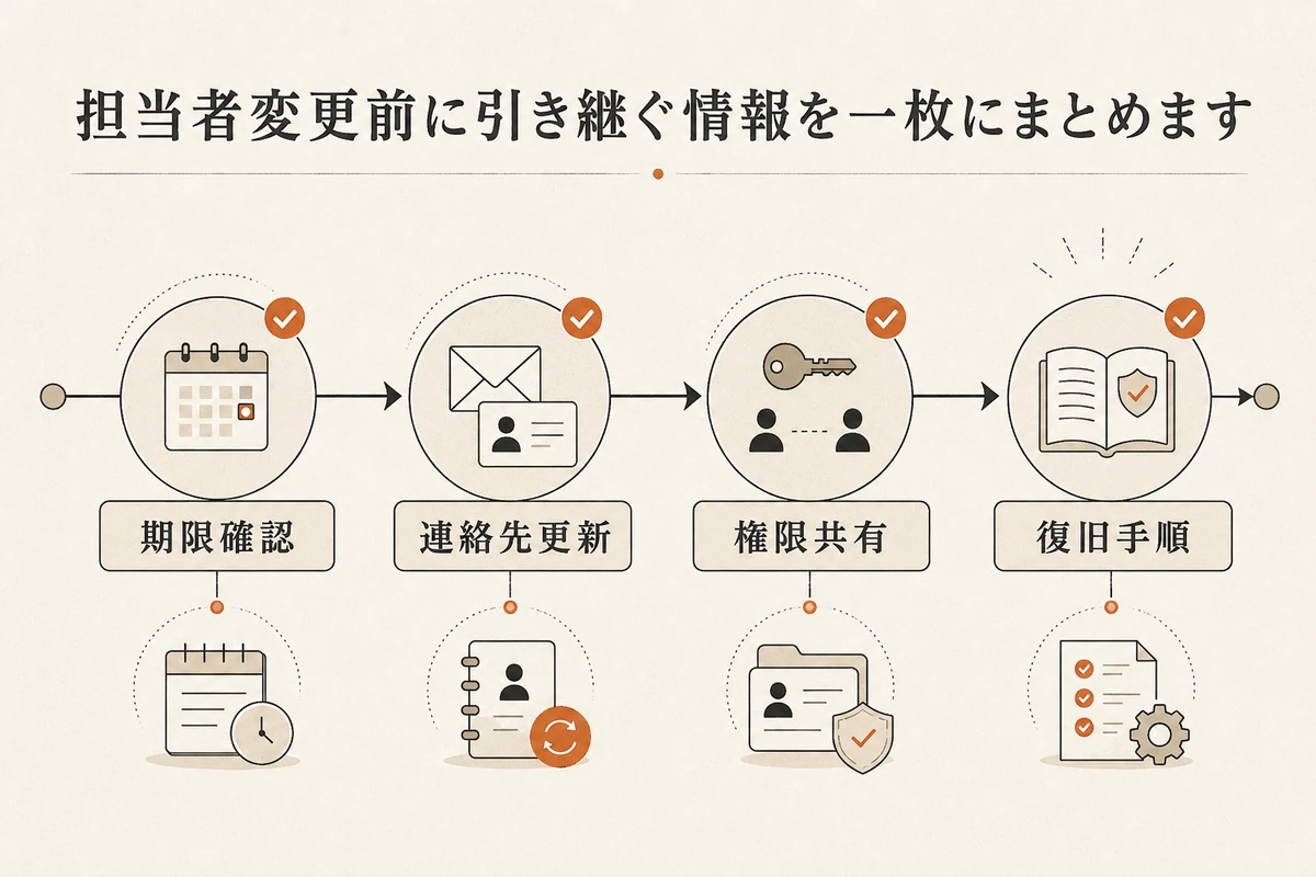 期限確認、連絡先更新、権限共有、復旧手順の順に進む引継ぎ図を整理した図