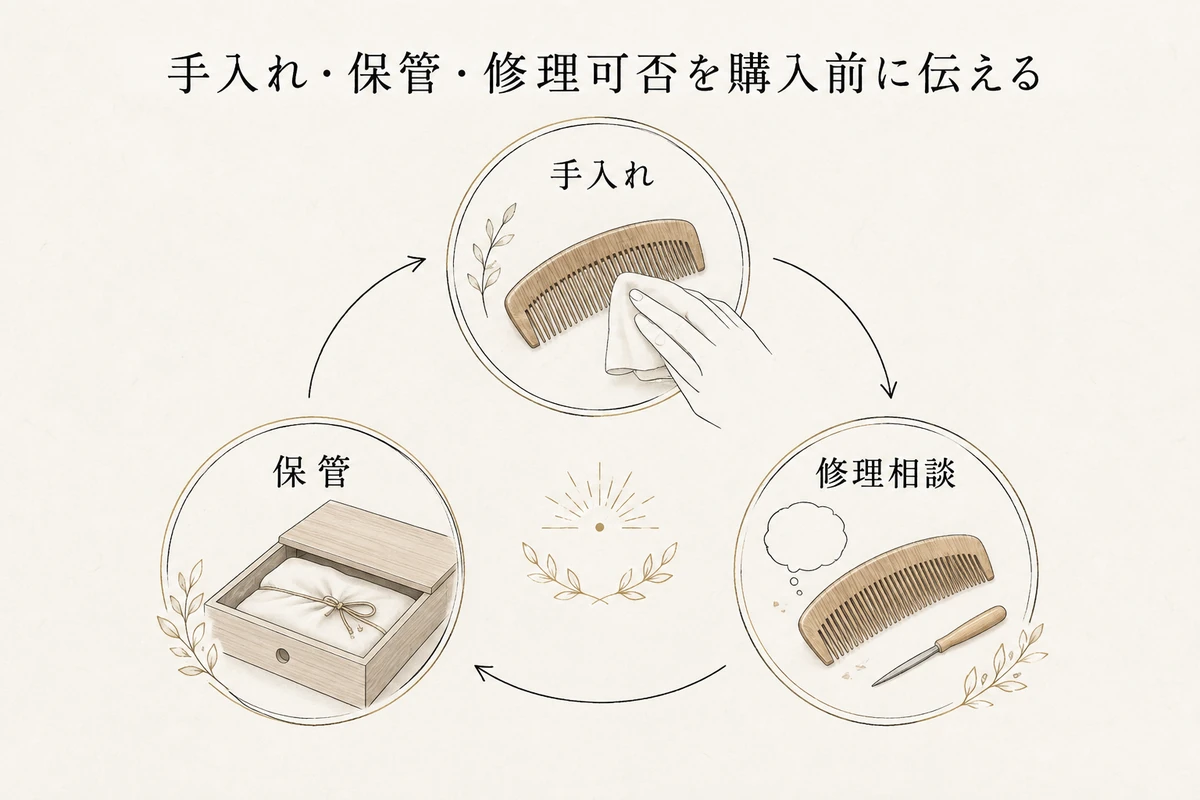 手入れ、保管、修理相談の三要素を並べた確認図を整理した図