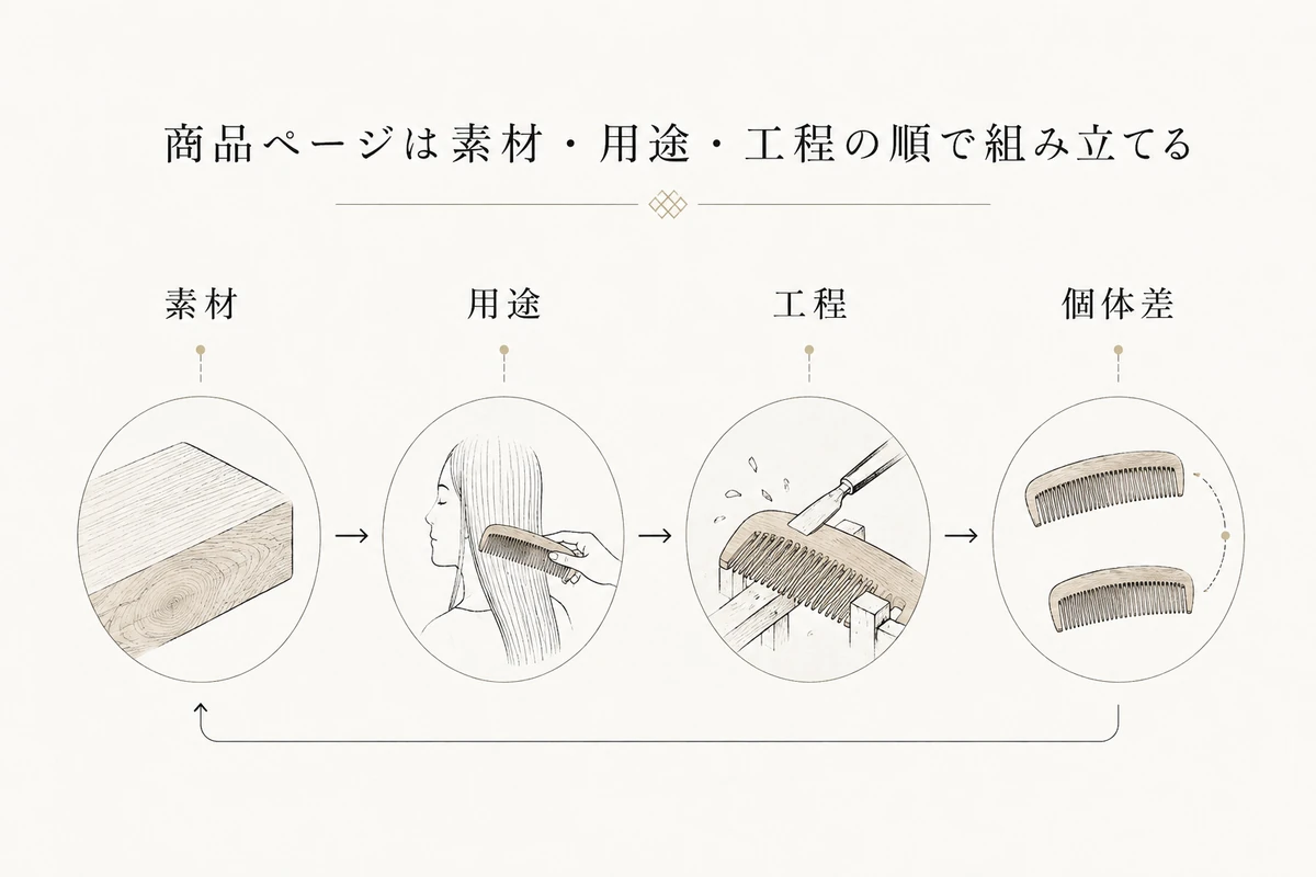 素材、用途、工程、個体差を左から右へ並べる簡潔な情報フローを整理した図
