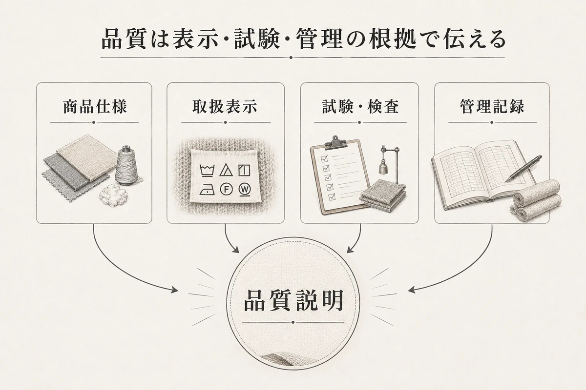商品仕様、取扱表示、試験・検査、管理記録を積み上げて品質説明を作るを整理した図